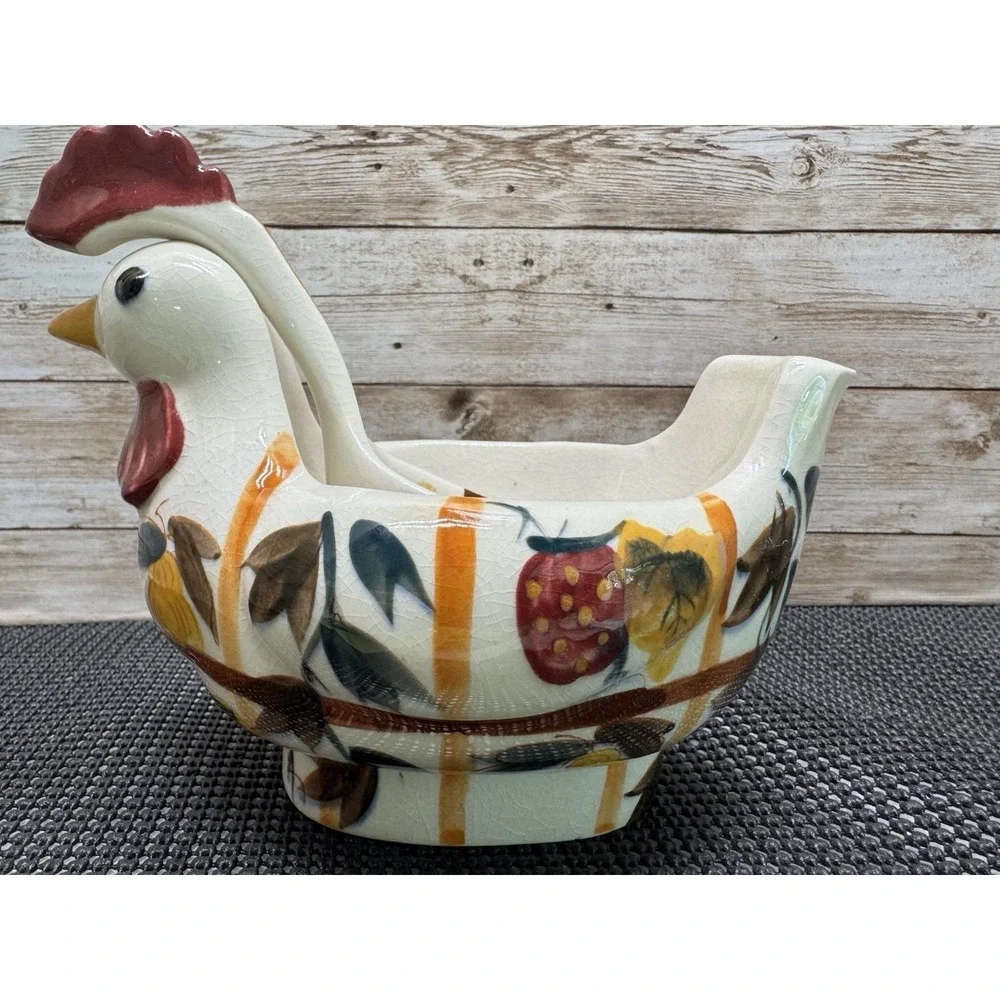 VTG Nasco Hand Painted Ceramic Rooster Gravy Boat w/Ladle - Japan 1950 Farmhouse